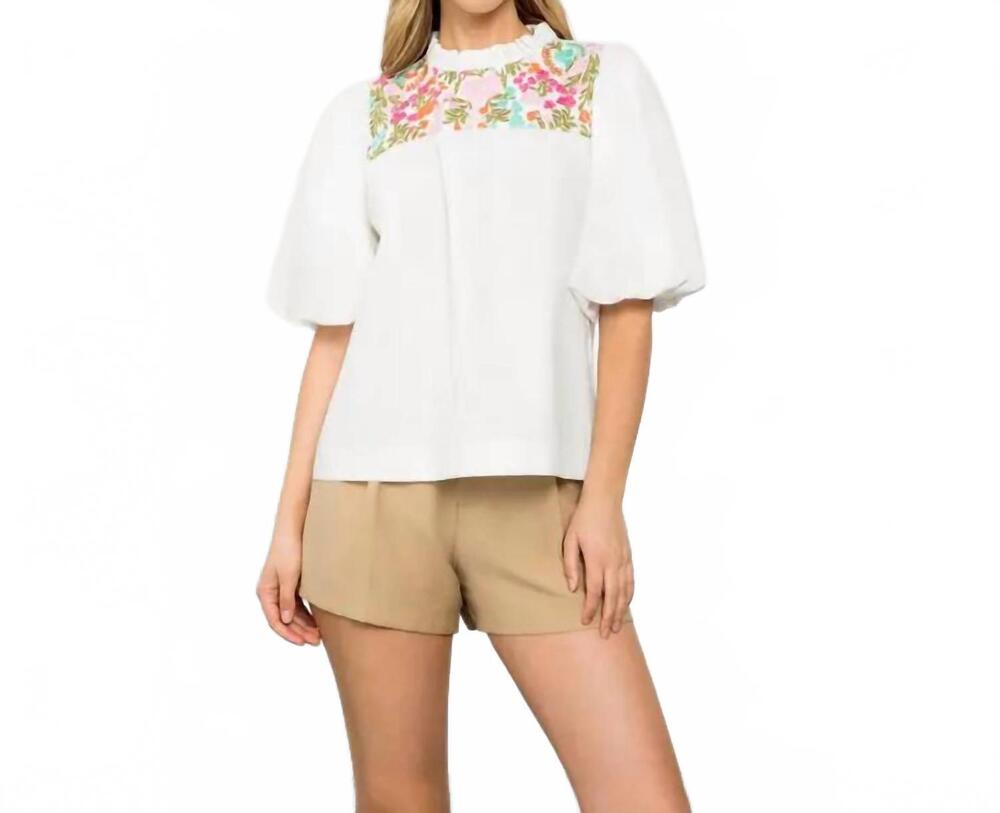 NEW THML women's puff sleeve embroidered top in white
